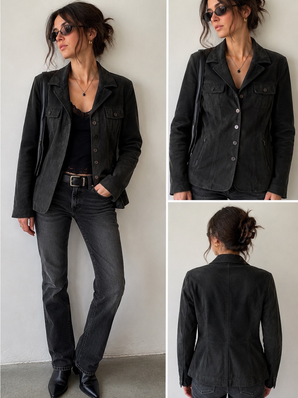 Vintage Y2K Sin By Morgan Cooper Black Genuine Leather Blazer Jacket L Women’s